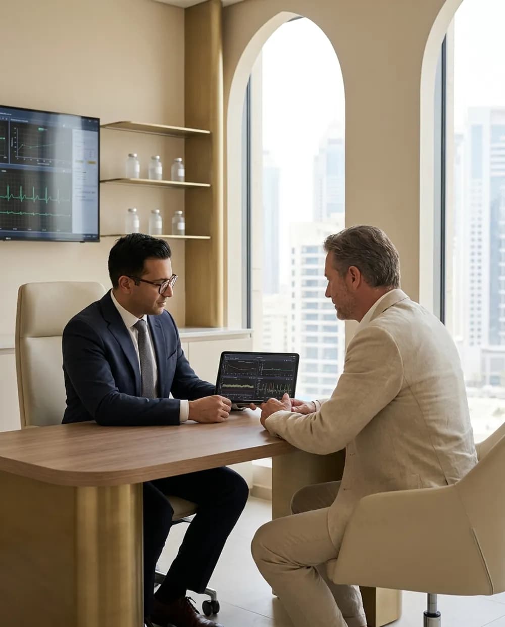 A physician reviewing advanced health data on a tablet with a member during a Concierge Health Assessment in a luxury longevity clinic overlooking the Dubai skyline.