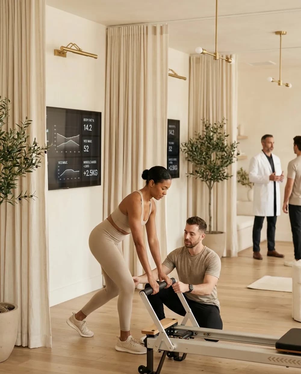 A member training with a personal trainer under physician oversight during the Concierge Transformation 90 program, with body composition and performance metrics on screen.