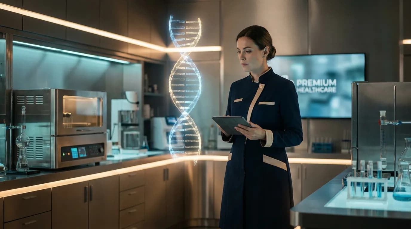 Advanced genomics laboratory with holographic DNA