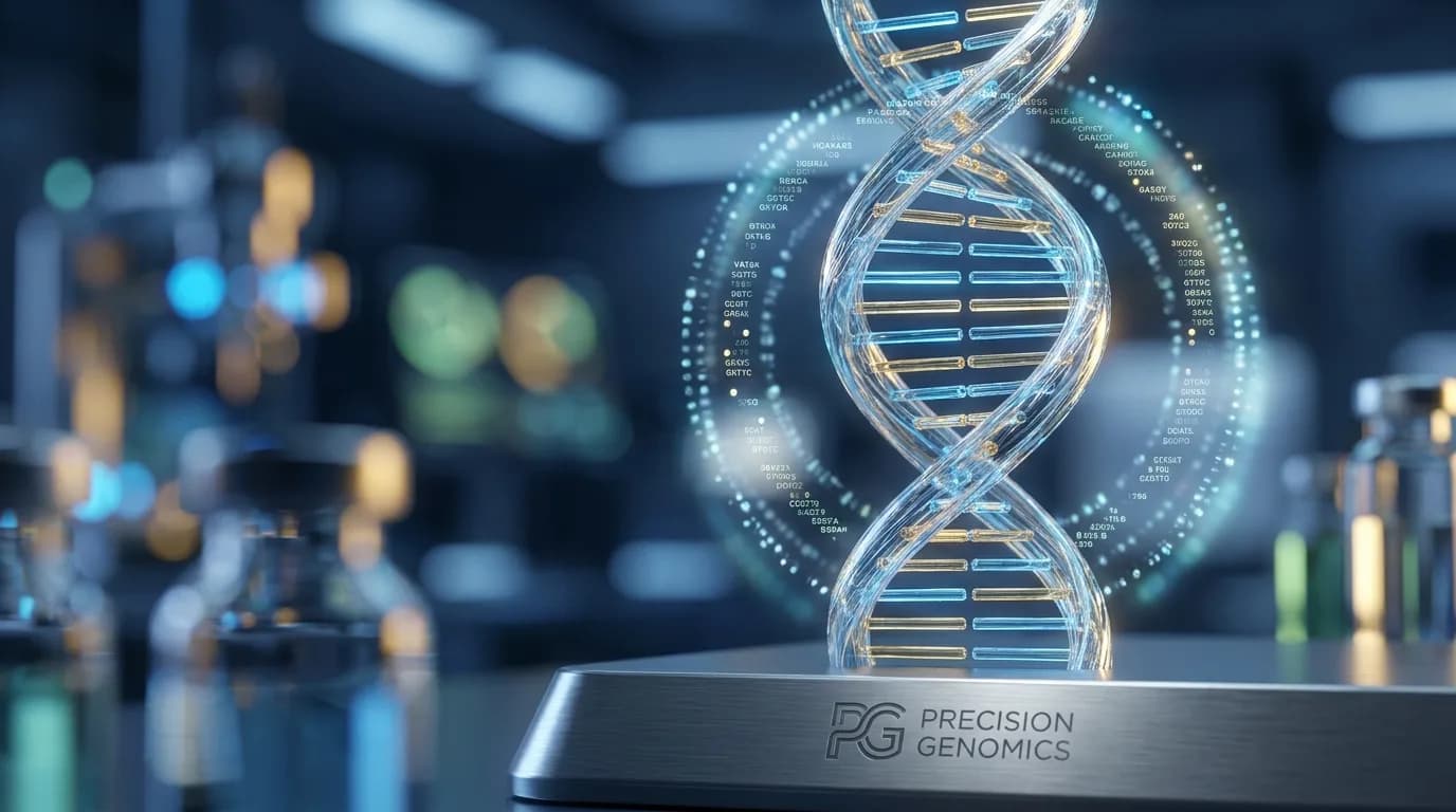 Genomic DNA visualization with biotech glow, precision medicine.