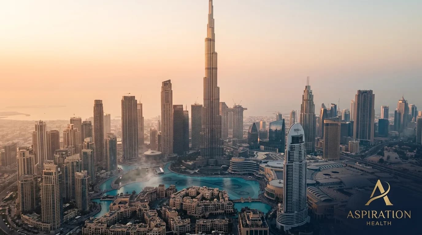 Dubai skyline at golden hour, aspirational premium healthcare mood.